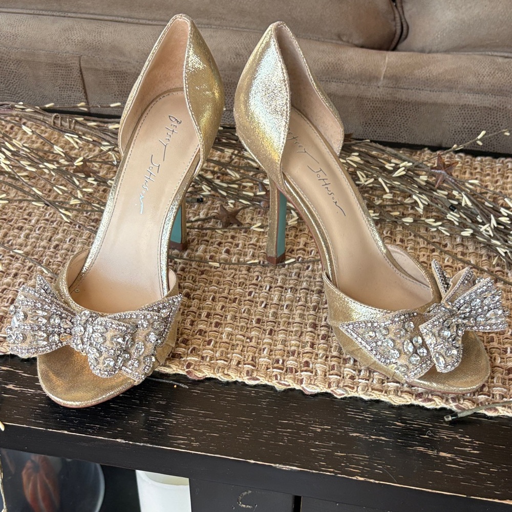 Betsey Johnson Gold Crystal Bow D'Orsay Heels